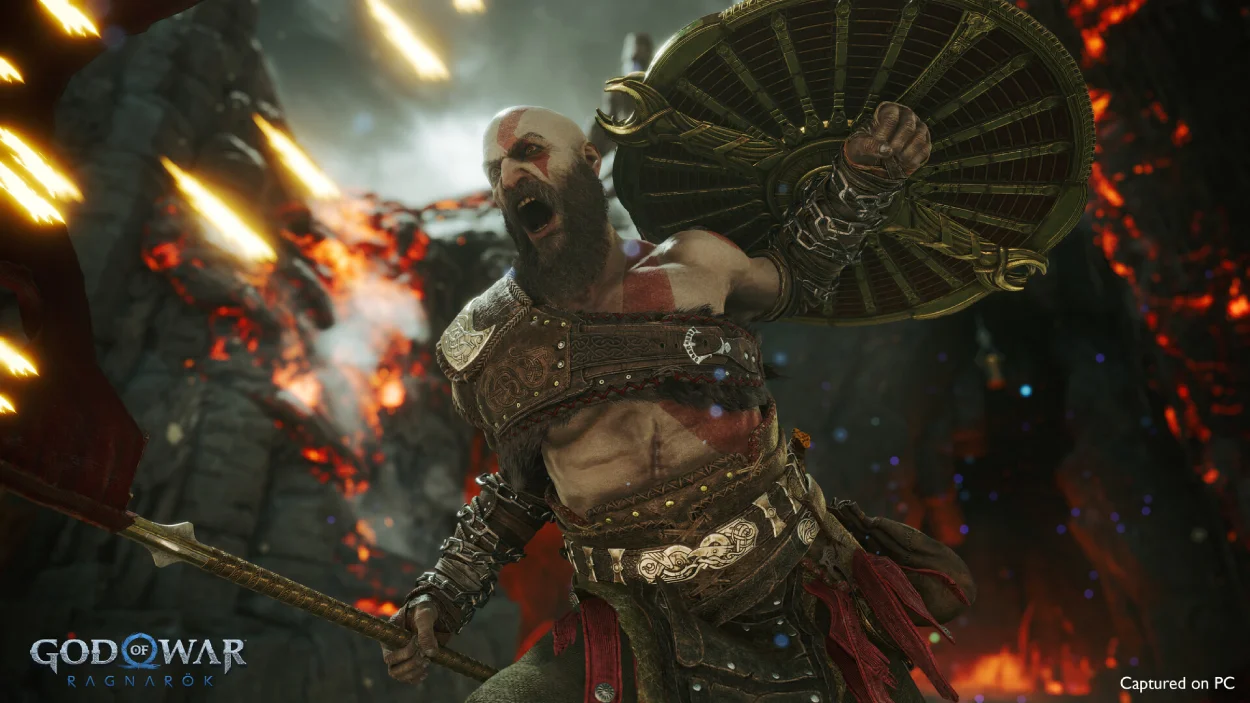 Kratos holding a shield in combat with fiery sparks flying in the background