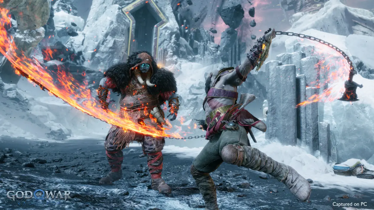 Kratos fighting an enemy using the Blades of Chaos with fiery chains