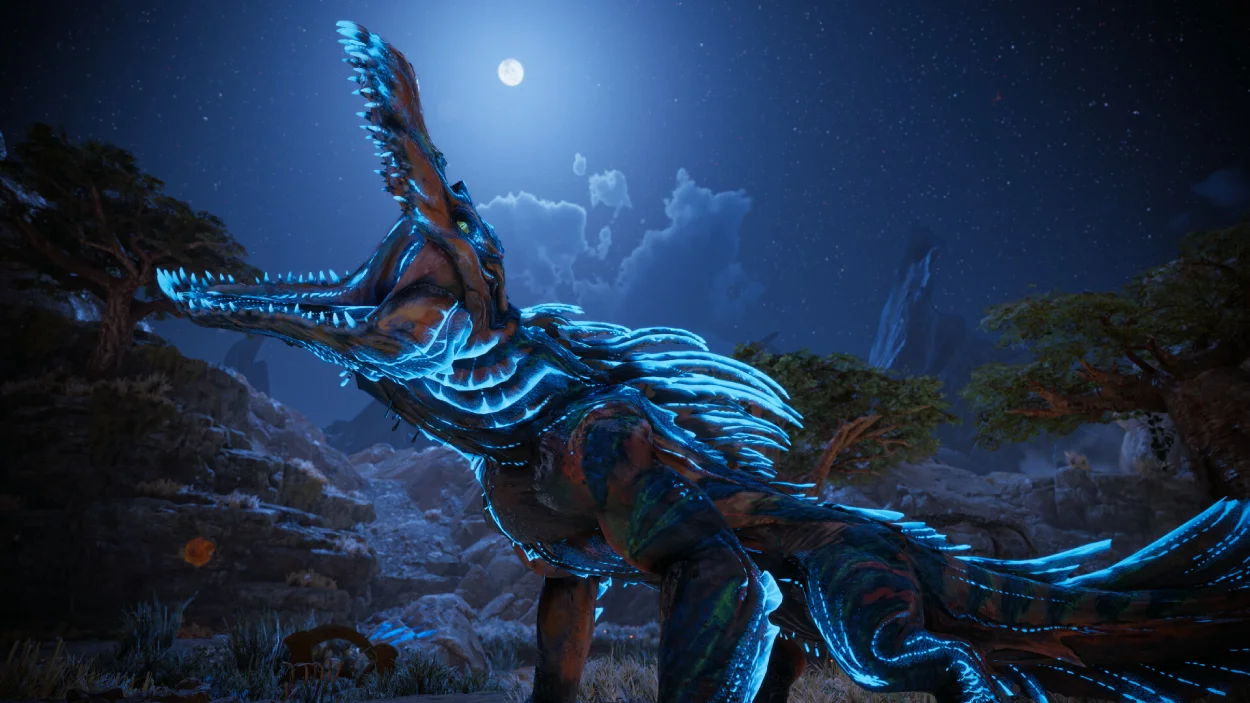 A large blue reptilian creature with glowing details under a cloudy sky