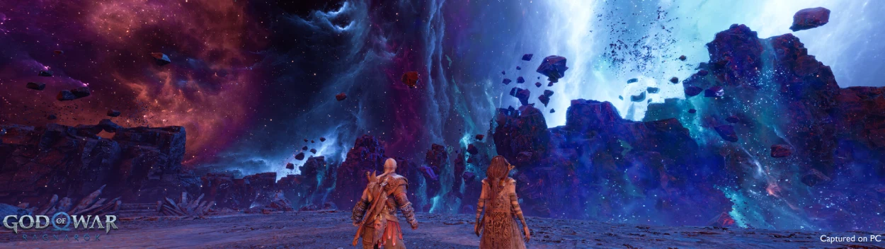 Kratos and Atreus exploring a mystical purple and blue realm with floating debris