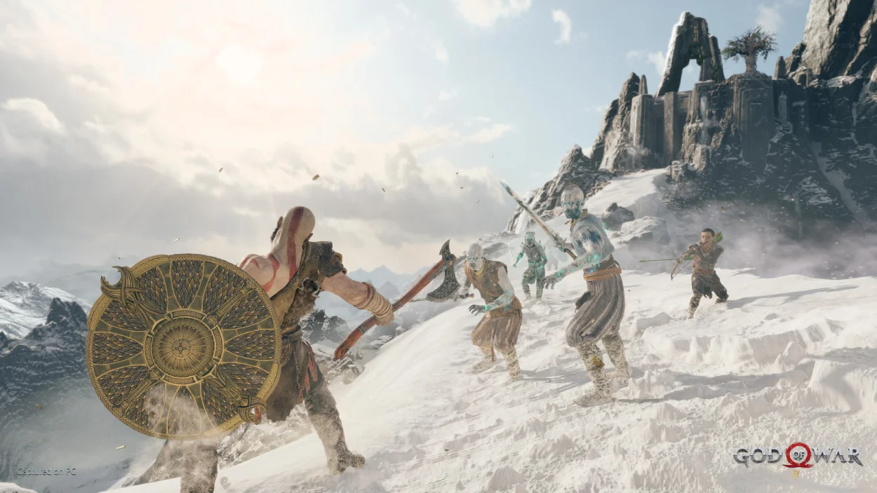 Kratos holding a shield facing multiple combatants in a snowy landscape