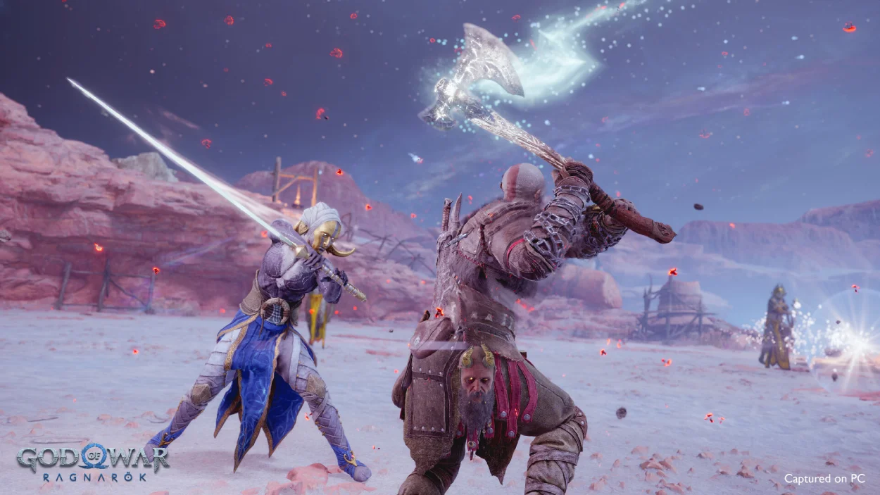 Kratos in combat using an ice axe against an agile foe in a snowy environment