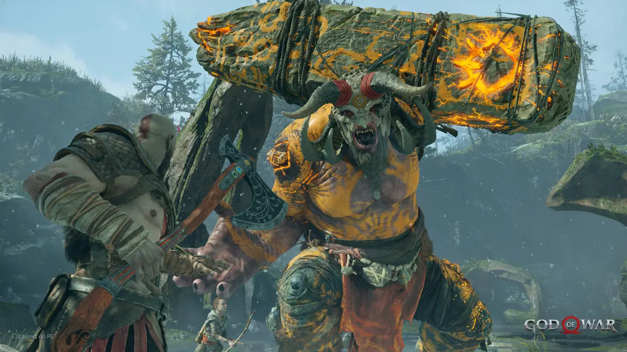 Kratos and Atreus battling a large creature carrying a glowing log weapon
